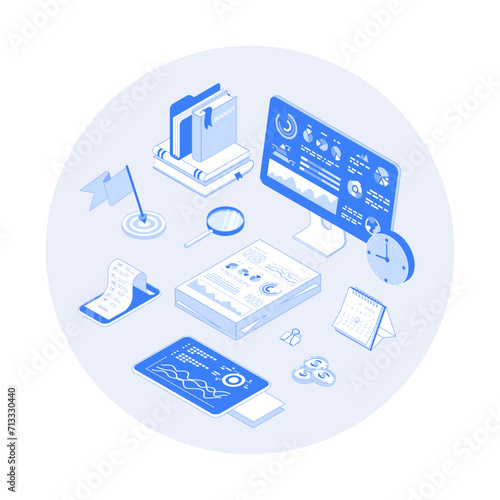 Business Data Analysis, Financial Report. Statistics and business statement. Research of company documents. Vector outline illustration with isometry scene for web graphic