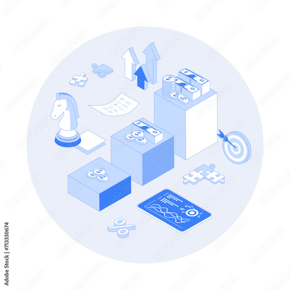 Investment strategy. Financial success from investing. Profit growth steps. Vector outline illustration with isometry scene for web graphic