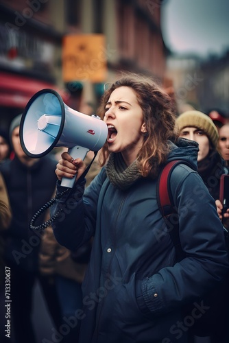 Female activist protesting via megaphone with a group of demonstrators in the background