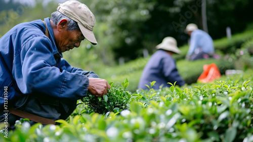 a man picks tea leaves on a plantation