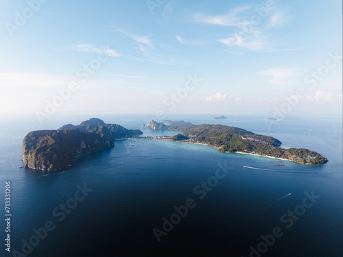 Obraz na płótnie Panoramic view from above, stunning aerial view of Ko Phi Phi Don. Ko Phi Phi Don is the main island of Thailand’s Ko Phi Phi archipelago. Andaman Sea, Krabi, Thailand. w salonie