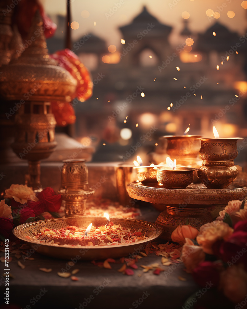 Holidays and celebrations concept - Indian holidays lifestyle. Holika Dahan, Navratri, Gudi Padwa. Festive dinner at home.