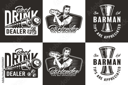 Bartender design with bottle stopper, double jigger and boston shaker for bartending school. Vector emblem set of chromed metal equipment or cocktail bar tool for barman or barkeep