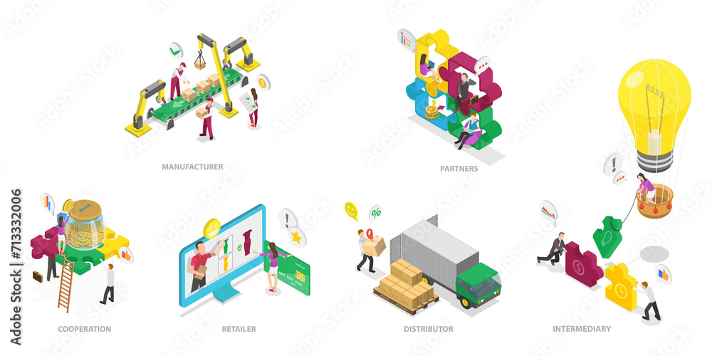 3D Isometric Flat  Conceptual Illustration of Trading Strategies, Business Models