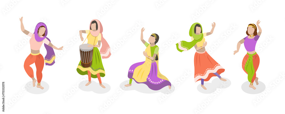 3D Isometric Flat  Set of Traditional Indian Dancers, Bollywood