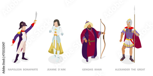 3D Isometric Flat  Set of Historical People, Napoleon Bonaparte, Jeanne dArc, Genghis Khan, Alexander the Great photo