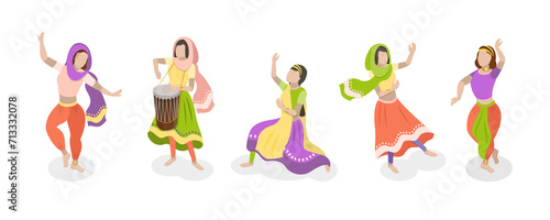 Fototapeta Naklejka Na Ścianę i Meble -  3D Isometric Flat  Set of Traditional Indian Dancers, Bollywood
