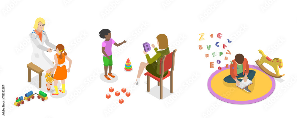 3D Isometric Flat  Conceptual Illustration of Dyslexia, Kids Speaking Problems
