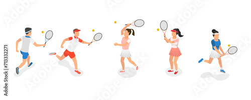 3D Isometric Flat  Set of Tennis Players  Summer Sport