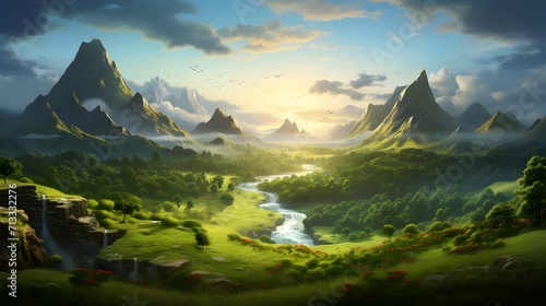 Fabulous fantasy landscape of mountains amazing view of the rocks and the valley mystical nature of the peaks of mountains and ridges illustration,, Rocky mountain with cloud scape background. 