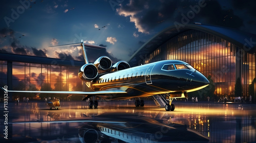 A photo of a business jet standing in front of an airport. A beautiful expensive airplane. Generative AI