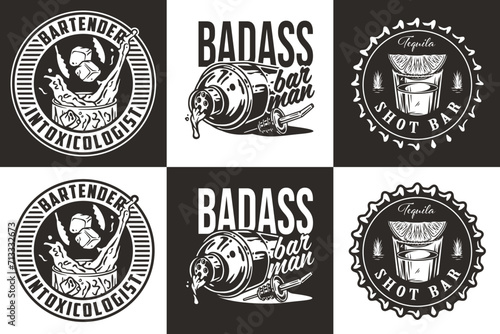 Bartender design with shaker, beer cap, shot with lime, ice for bartending school. Vector emblem set of chromed metal equipment or cocktail bar tool for barman or barkeep