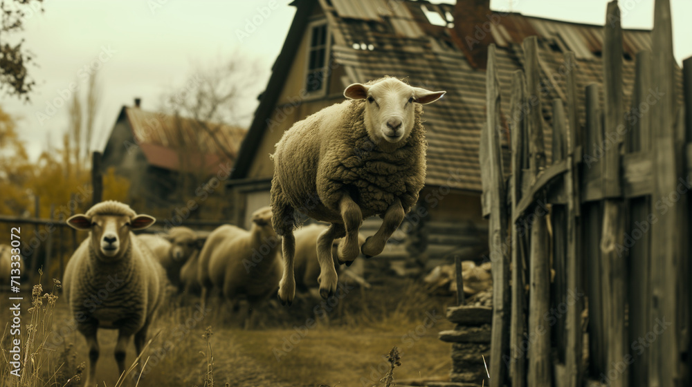 Sheep escaping from farm by  jumping over a wooden fence. Other sheep are watching.