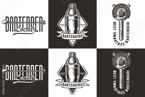 Bartender design with hawthorne strainer and boston shaker for bartending school. Vector emblem set of chromed metal equipment or cocktail bar tool for barman or barkeep