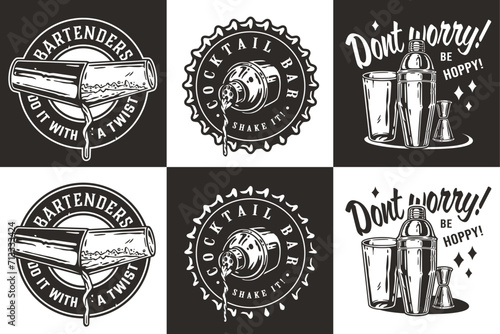 Bartender design with boston shaker for bartending school. Vector emblem set of chromed metal equipment or cocktail bar tool for barman or barkeep