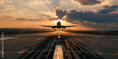 Airplane taking off from the runway at the airport in sunset sunrise view . Travel transport holiday concept