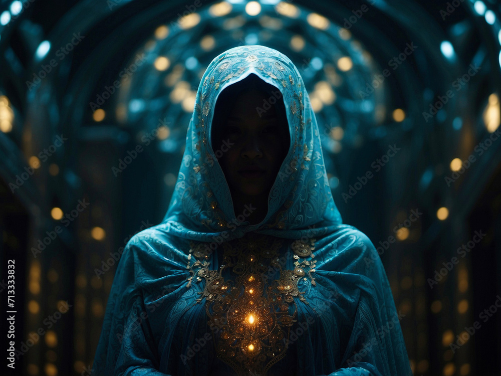 A woman draped in an ornate blue cloak with a hood, adorned with glowing patterns, stands in a dimly lit corridor with an intricate design that gives a mystical aura - obrazy, fototapety, plakaty 