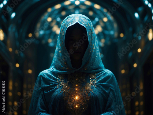 A woman draped in an ornate blue cloak with a hood, adorned with glowing patterns, stands in a dimly lit corridor with an intricate design that gives a mystical aura