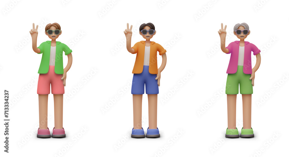 Young happy man in colorful different clothes standing on white background and shows victory hand sign. Man on summer holidays. Vector illustration in 3d style