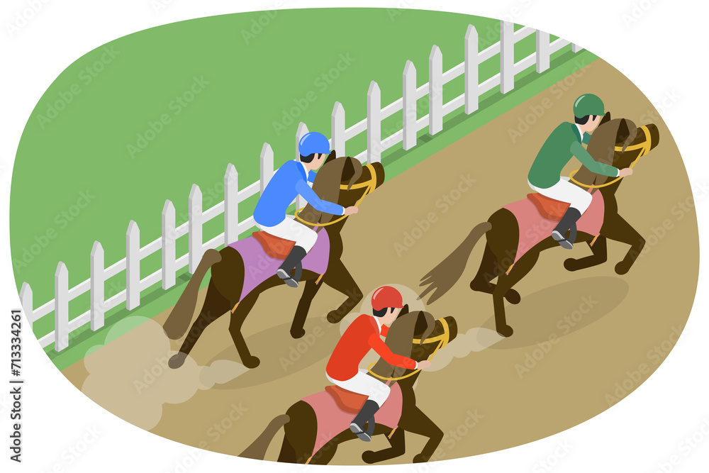 Fototapeta premium 3D Isometric Flat Conceptual Illustration of Hippodrome Competitions, Horse Racing Scenery