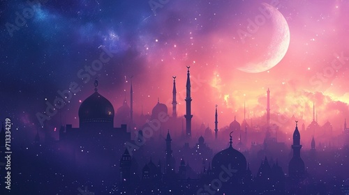 mosque silhouettes and crescent with watercolor galaxy background - AI Generated Abstract Art