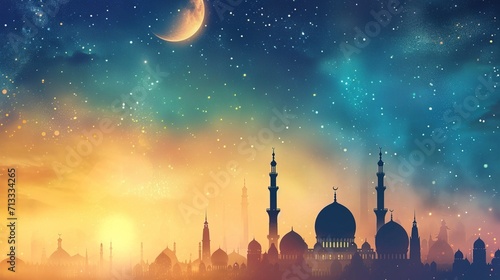 mosque silhouettes with starry night background gradient in gold and blue shade - AI Generated Abstract Art photo