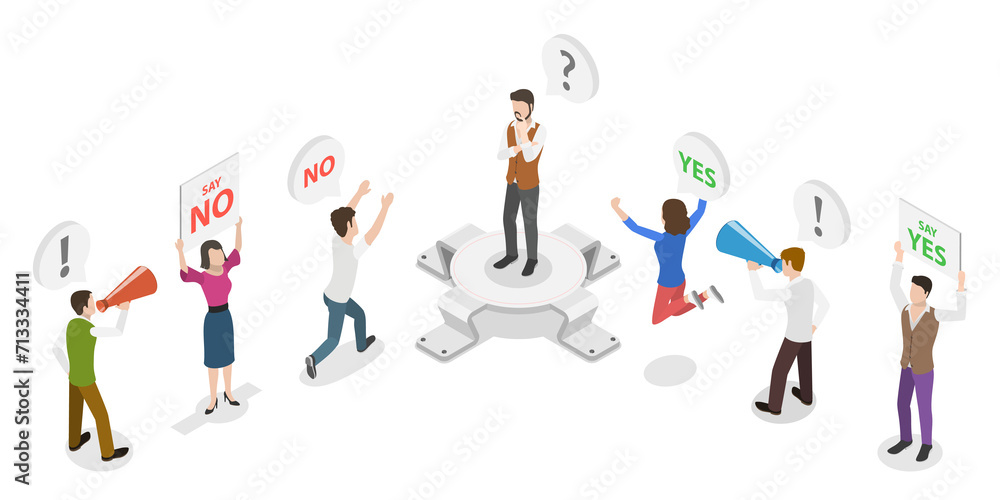 3D Isometric Flat Conceptual Illustration of Persuasion, Positive or Negative Conviction 3D Isometric Flat Conceptual Illustration of Persuasion, Positive or Negative Conviction