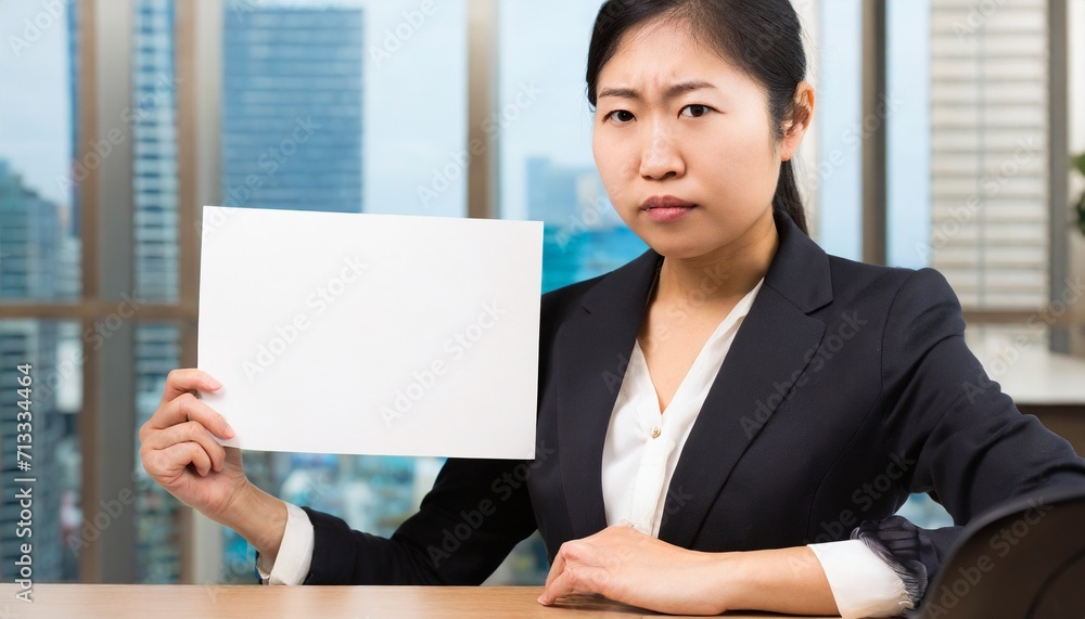 Asian ethnicity woman holding a blank sign in office setting. Employee demand during strike. AI generated image. Asian ethnicity woman holding a blank sign in office setting. Employee demand during strike. AI generated image.