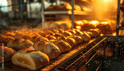 bread is on a rack in a bakery