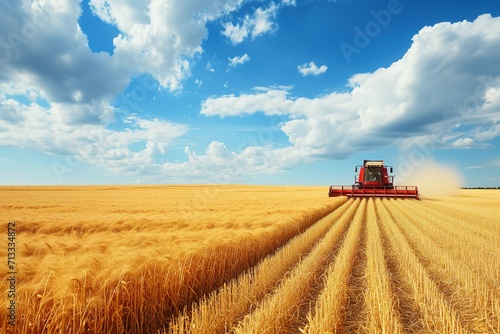 Famer Harvesting via machine in corn crops. collecting golden crops under the blue sky background © T-REX