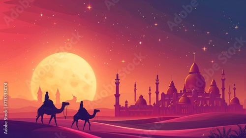 mosque, camels and moon in starry night background - AI Generated Abstract Art photo