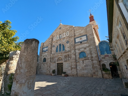 Madaba historical old town, Jordan, fampous for Interior of Greek Orthodox Basilica of St George with the mosaic map of Holy Land photo