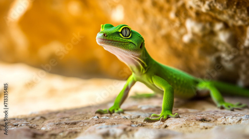 Green gecko in front of wall. giant day gecko view from up high. AI Generative photo