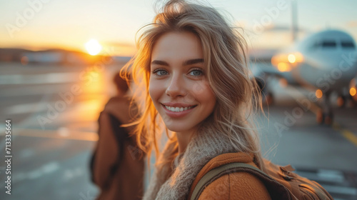 Portrait of a beautiful woman with a backpack on the background of a passenger plane on the runway. concept of travel and active lifestyle.