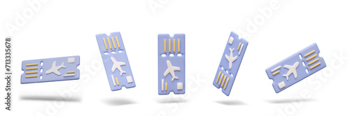 Realistic air tickets in different positions in purple colors. Concept of flight document on white background. Vector illustration in 3d style with place for text