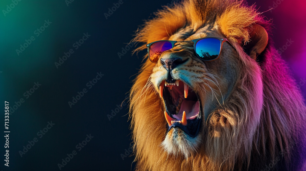 Lion Roaring On Black Background with sunglasses in studio with a colorful background. AI Generative