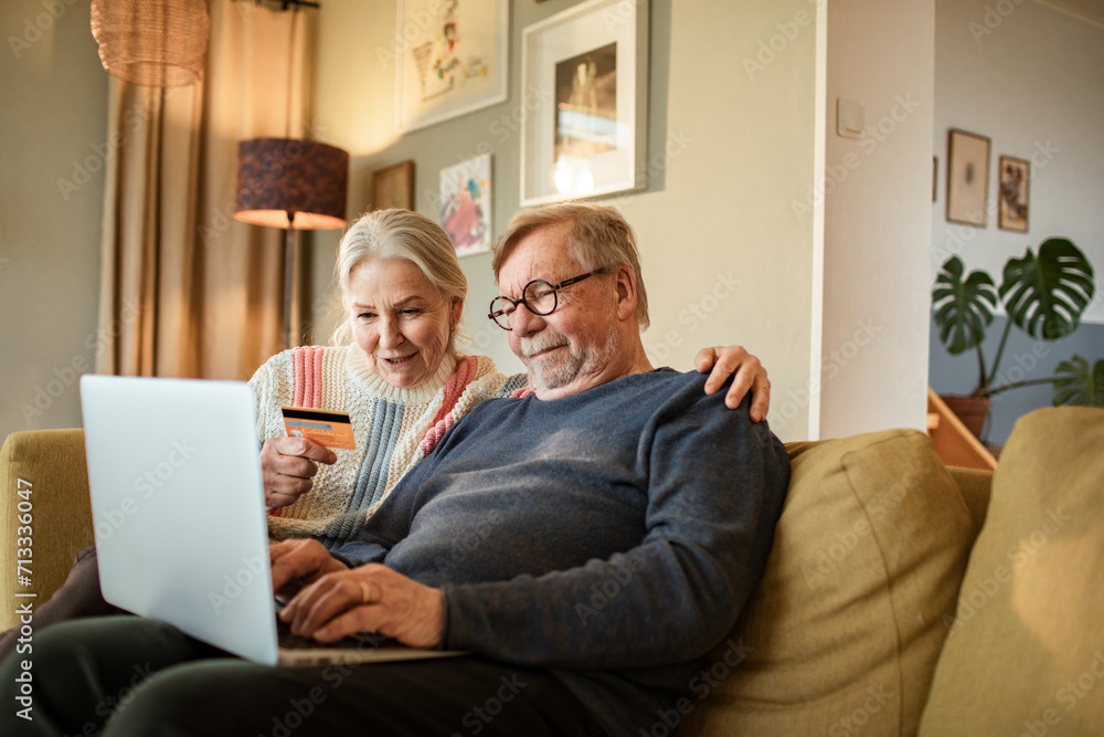 Happy elderly couple sitting on couch using credit card on laptop Happy elderly couple sitting on couch using credit card on laptop