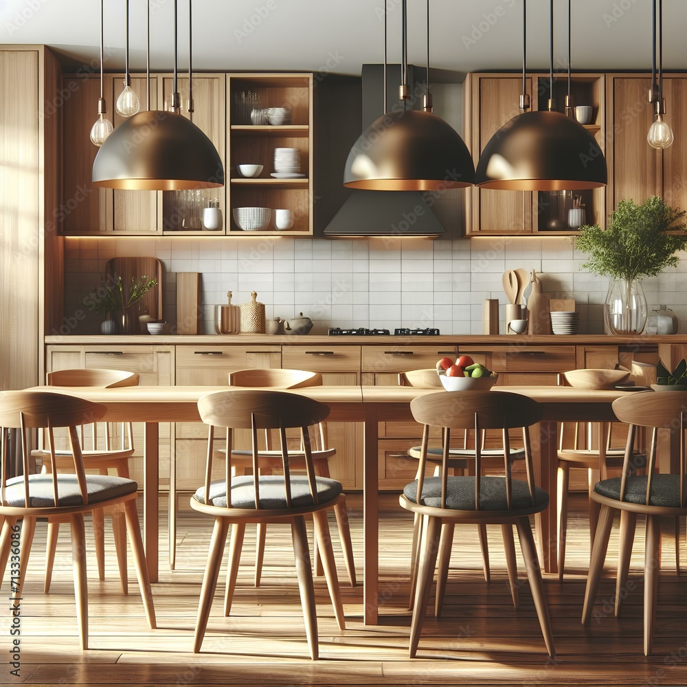 Wooden chairs near kitchen island. Interior design of modern dining room.