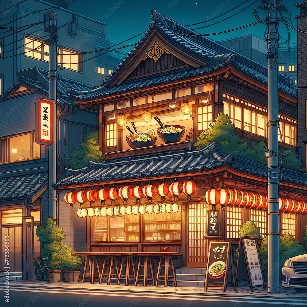 a beautiful japanese tokyo city ramen shop restaurant bar in the dark night evening. house at the street. a beautiful japanese tokyo city ramen shop restaurant bar in the dark night evening. house at the street.
