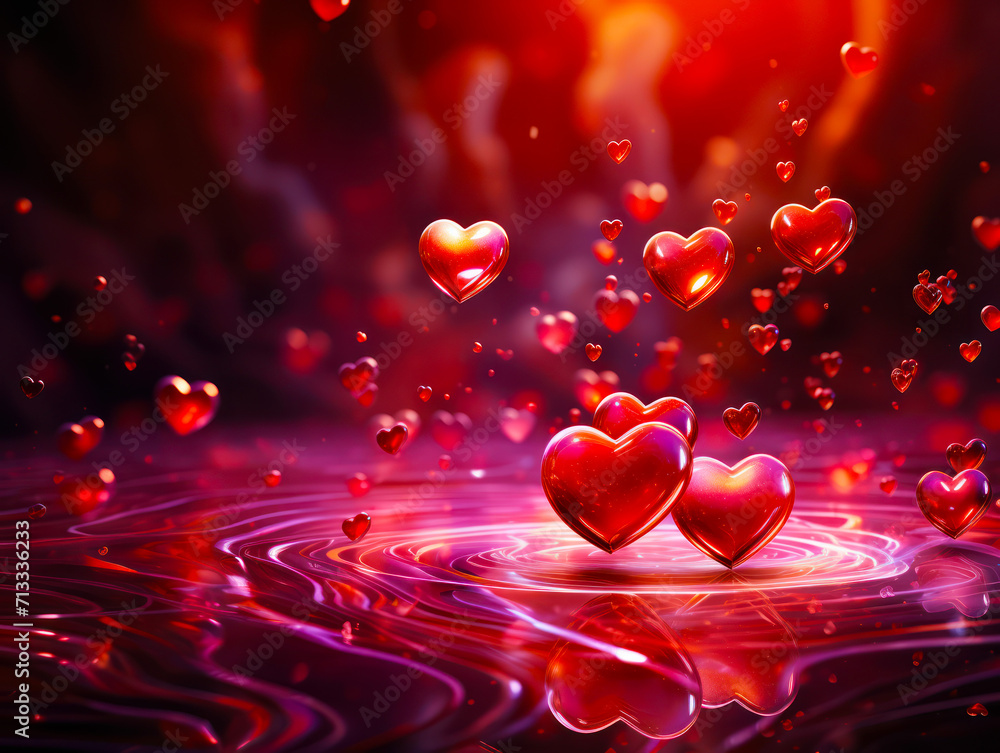 Red Glass Hearts Above Pink Water Red Glass Hearts Above Pink Water