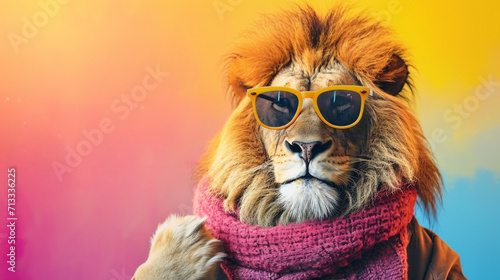 Lion with sunglasses and scarf in studio with a colorful and bright background. AI Generative