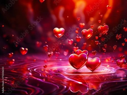 Red Glass Hearts Above Pink Water