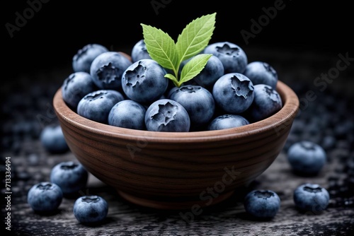 wooden bowl full of blueberries sits on a wooden table. Still life