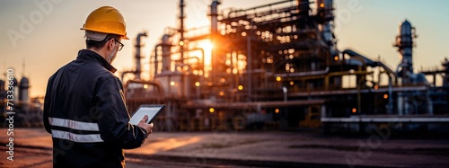 An engineer in a hard hat and high-visibility vest reviews a tablet with an industrial plant aglow in the warm light of dawn or dusk in the background.