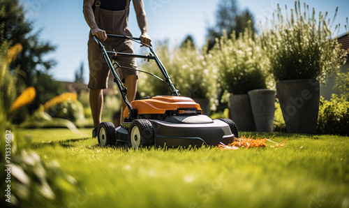 A professional caucasian gardener cuts a grassy lawn with a modern electric cordless mower. Landscape design theme. photo