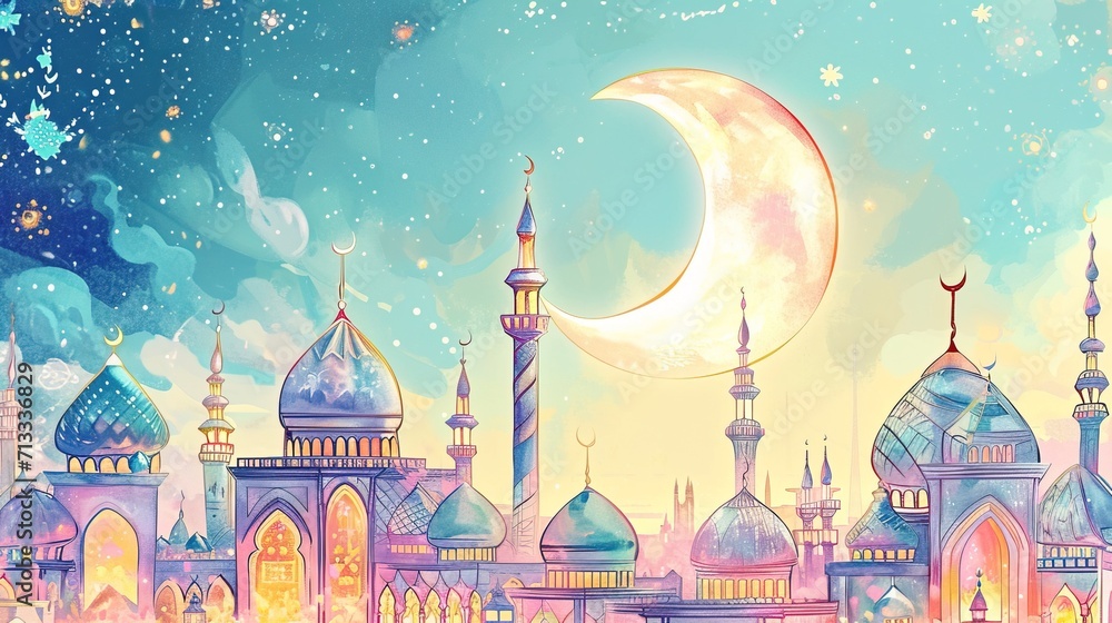 Detailed digital watercolor hand painting of a mosque with crescent - AI Generated