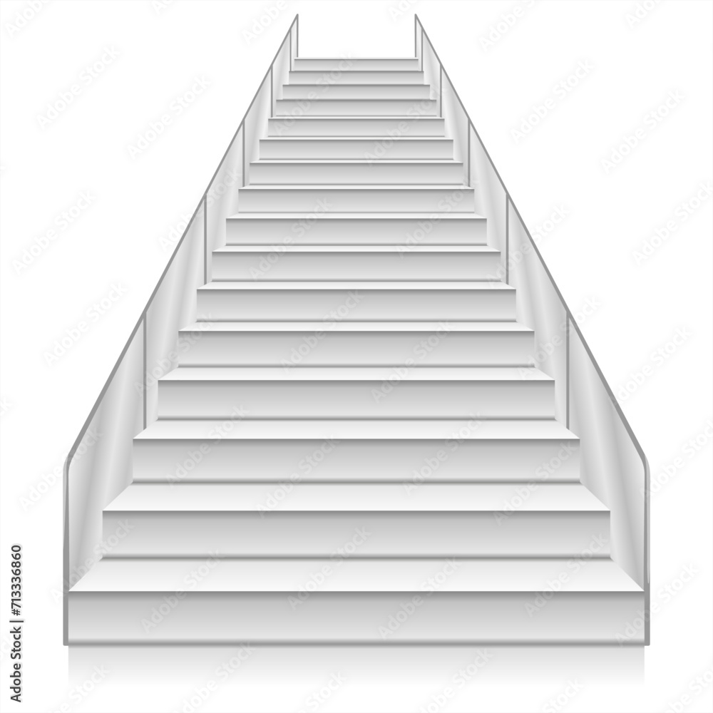 A modern staircase with transparent glass railings, blending seamlessly into a minimalist interior. White staircase realistic illustration, isolated on white background. Front view of white staircase. A modern staircase with transparent glass railings, blending seamlessly into a minimalist interior. White staircase realistic illustration, isolated on white background. Front view of white staircase.