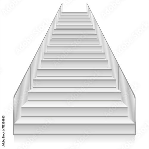 A modern staircase with transparent glass railings  blending seamlessly into a minimalist interior. White staircase realistic illustration  isolated on white background. Front view of white staircase.