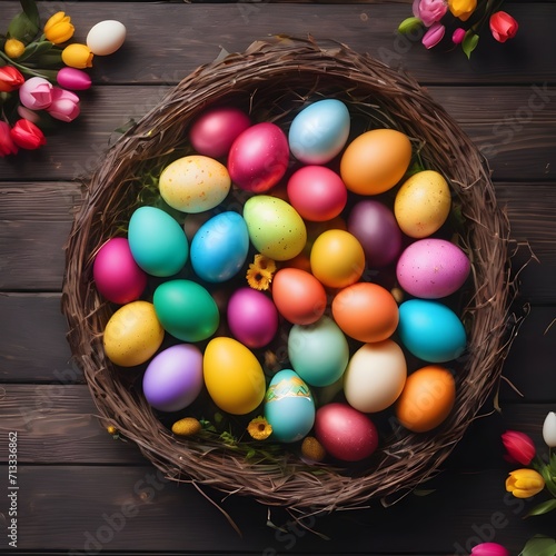 Colorful Easter eggs in a basket on a dark wooden background. Colorful Happy Easter eggs in a nest with flowers. Beautiful Happy Easter background.