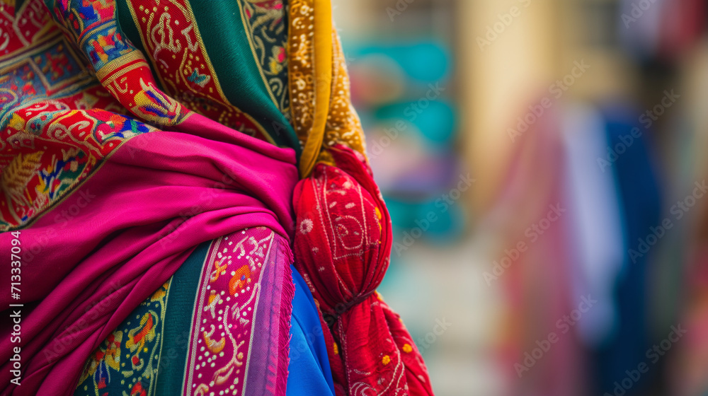 Traditional Vibrant Indian Sari Fabric Detail: Rich Textures and Patterns of Ethnic Dress in a Colorful Market Setting